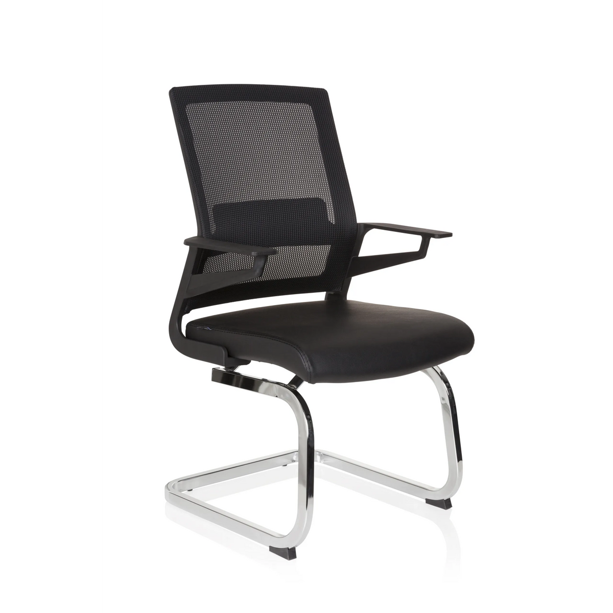 Chaises cantilever INVENTOR V PRO noires avec dossier en maille, accoudoirs et piètement luge de hjh OFFICE – vue à 360° (vue de trois quarts avant 40°)