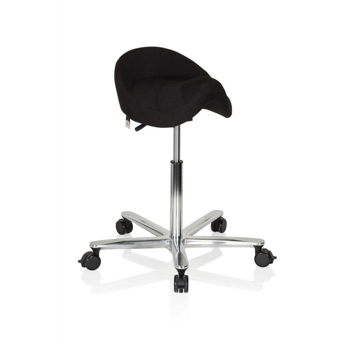 Tabouret de selle MOVE-TEC 3D PRO I noir avec un piétement à cinq roulettes de hjh OFFICE – vue à 360° (vue de trois quarts avant 40°)