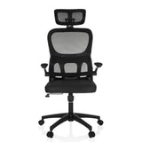 Siège de bureau à domicile ERGOMY FLEX noir avec dossier en maille, appui-tête et base à cinq roulettes de MyBuero – vue à 360° (vue de face 0°)
