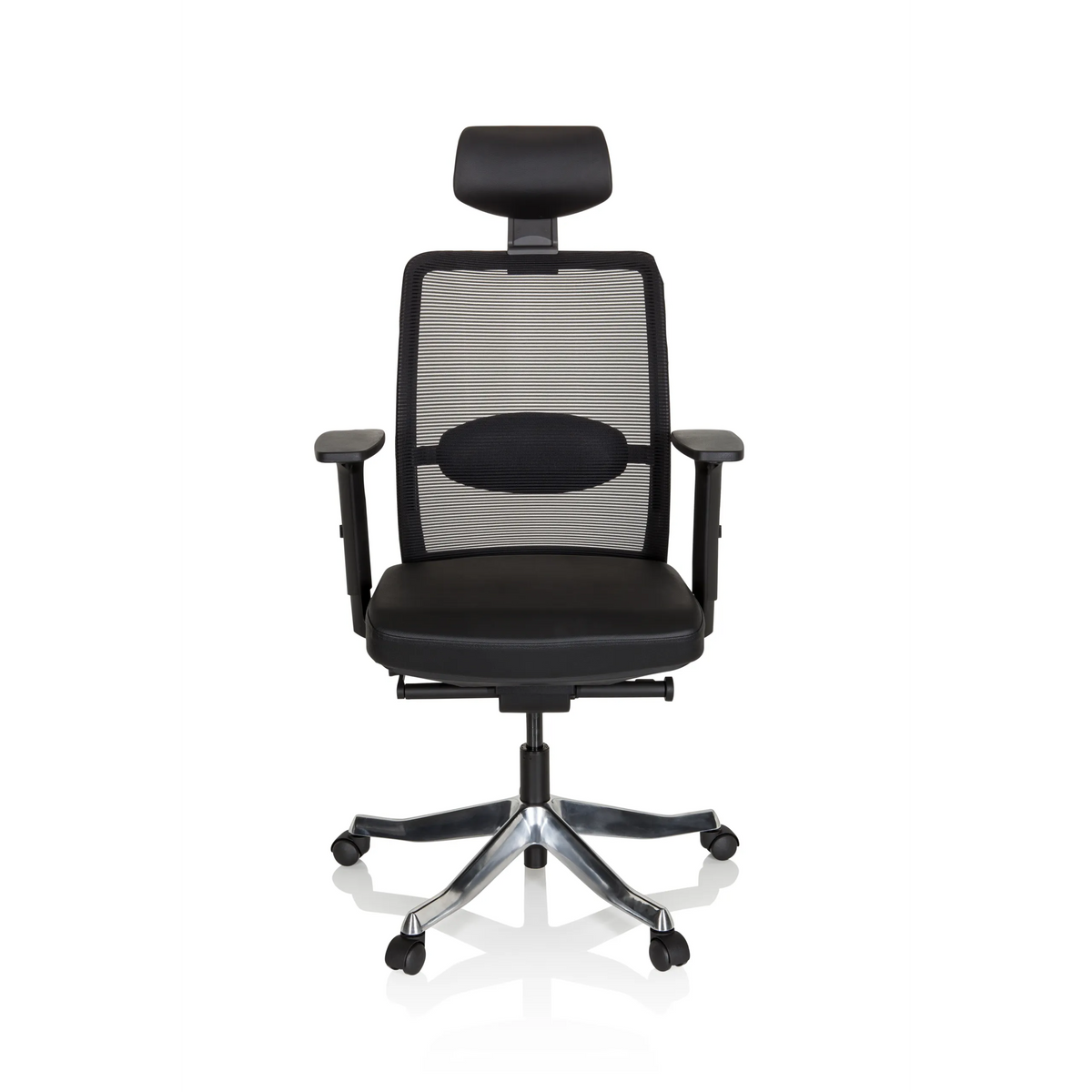 Siège de direction de luxe SENATOR PRO noir avec dossier en maille, appui-tête et base à cinq roulettes de hjh OFFICE – vue à 360° (vue de face 0°)
