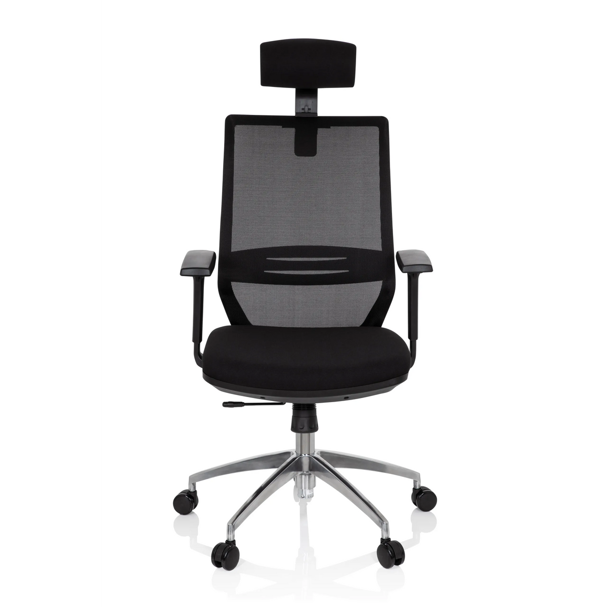 Siège de bureau de qualité professionnelle PROFONDO PRO noir, dossier maille, appui-tête et base à roulettes de hjh OFFICE – vue à 360° (vue de face 0°)