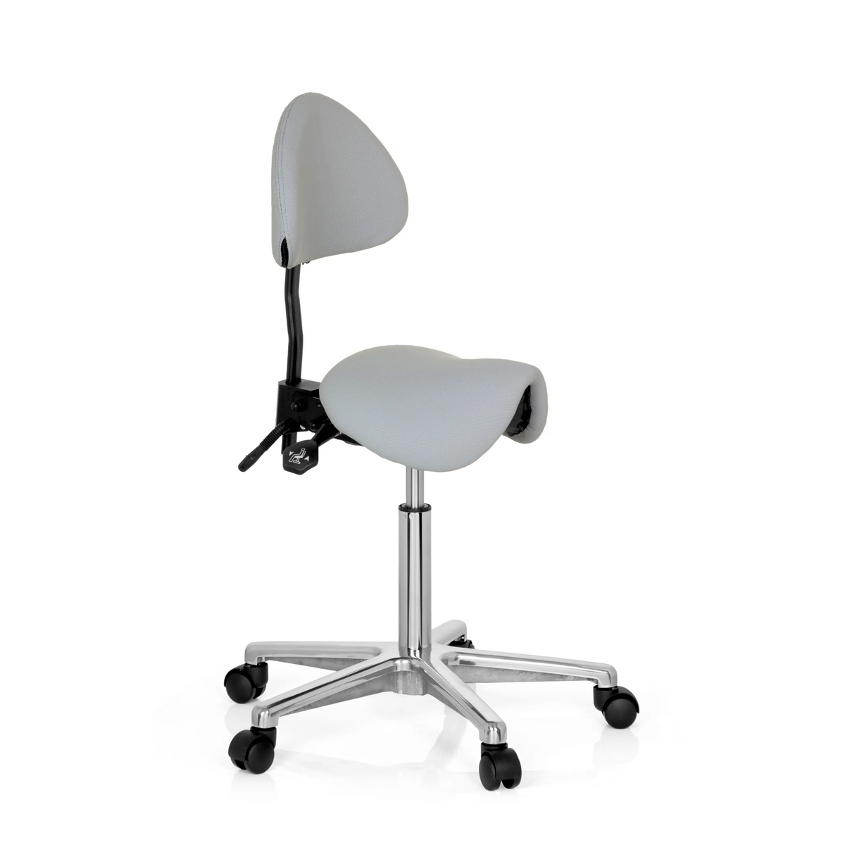 Tabouret de selle TOP WORK 20 gris avec dossier et base à cinq roulettes de hjh OFFICE – vue à 360° (vue de trois quarts avant 60°)