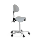 Tabouret de selle TOP WORK 20 gris avec dossier et base à cinq roulettes de hjh OFFICE – vue à 360° (vue de trois quarts avant 60°)