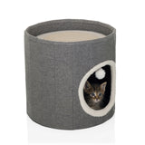 Grotte pour chat PAWY R grise avec bordure en fourrure blanche à l'entrée et une petite balle de jeu de hjh LIVING