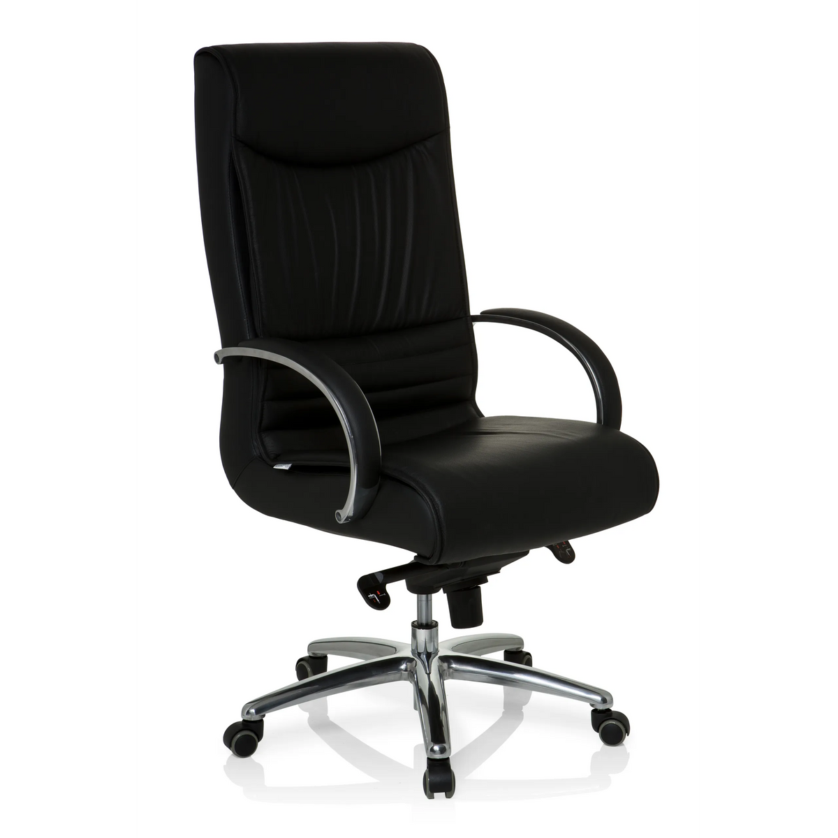 Siège pivotant XXL F 400 noir en cuir avec pied en étoile et cinq roulettes de hjh OFFICE – vue à 360° (vue de trois quarts avant 40°)