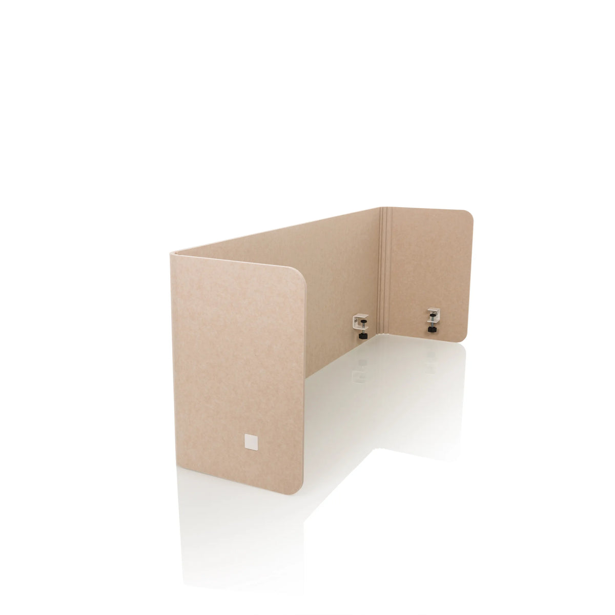 Cloison de table beige FLEXMIUT U avec ailes latérales et quatre clips de fixation de hjh OFFICE – vue à 360° (vue de trois quarts avant 60°)