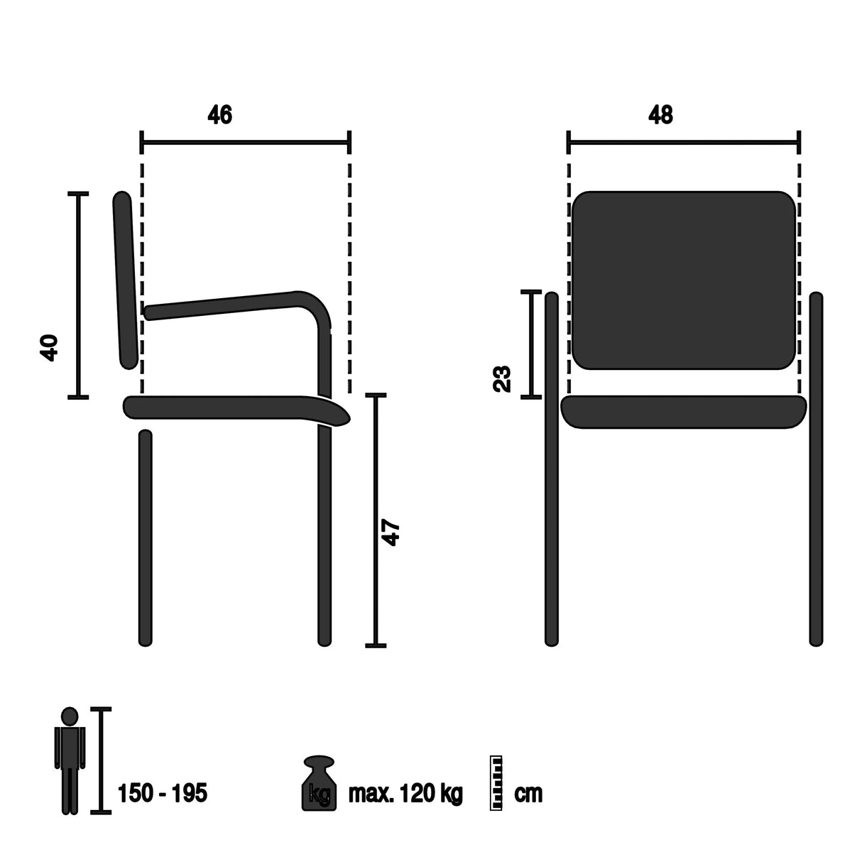 Dessin technique de la Chaise de salle à manger SCALLORE avec une charge maximale de 120 kg de hjh LIVING