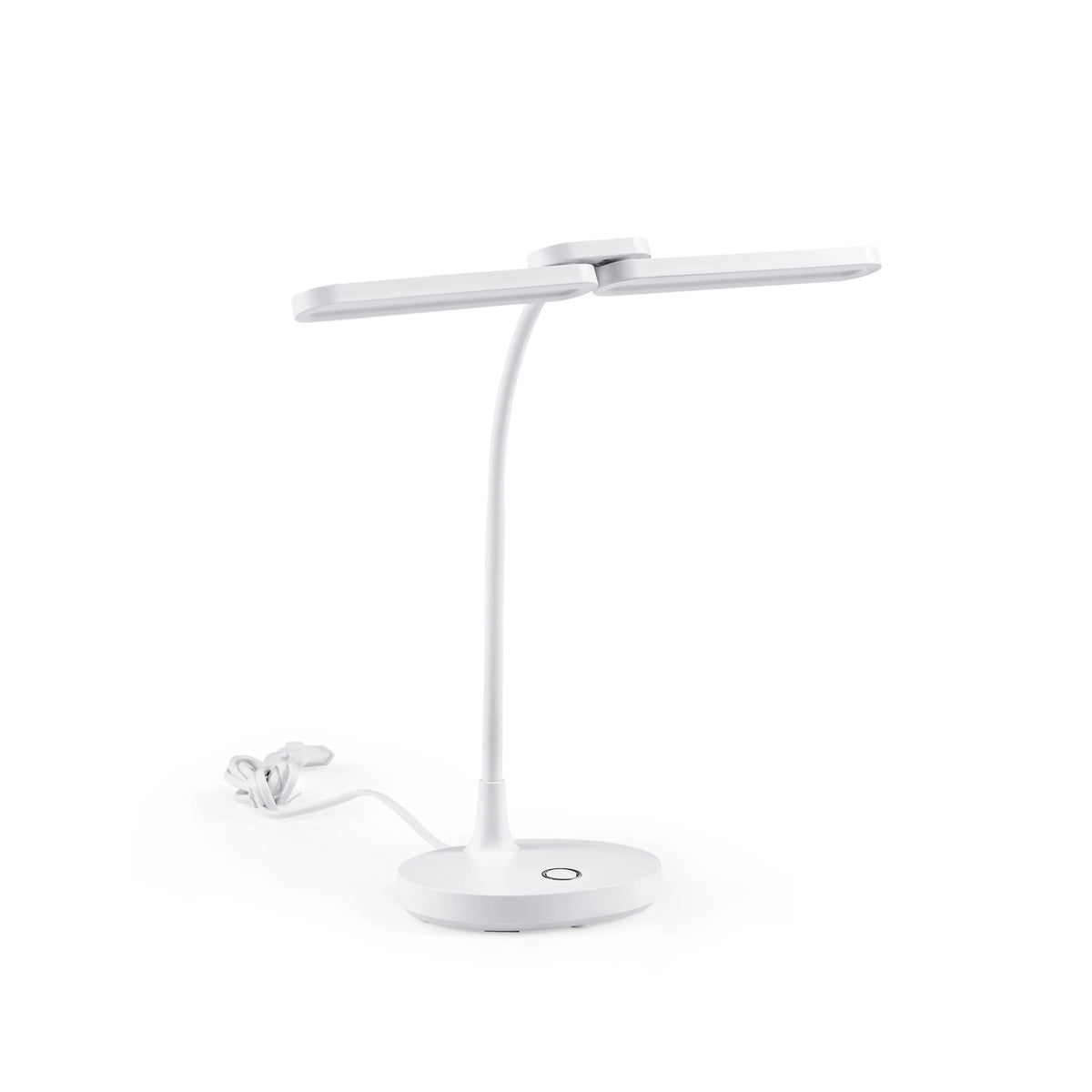 Lampe de bureau Lumanova D6 blanche avec pied rond, col flexible et tête plate de hjh OFFICE – vue à 360° (vue de face 0°)