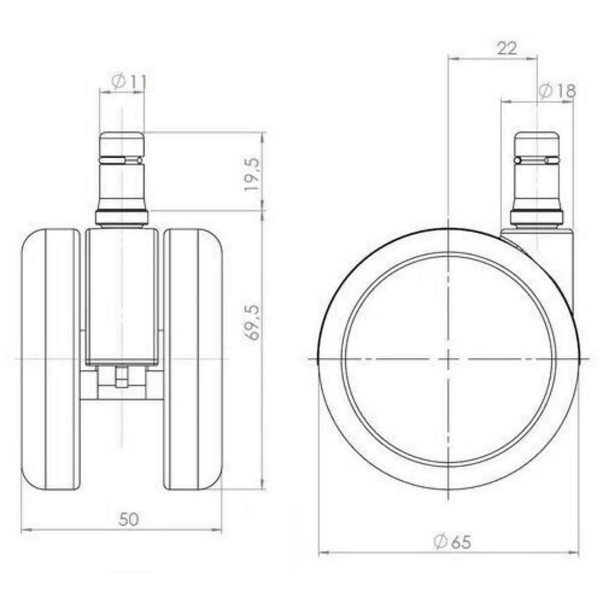 Dessin technique des Roulettes 5x ROLO LUX 11mm/65mm avec un diamètre de 65 mm de hjh OFFICE