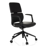 Siège de bureau de qualité professionnelle ATMOS DESIGNER noir avec accoudoirs et base à cinq roulettes de hjh OFFICE – vue à 360° (vue de trois quarts avant 45°)