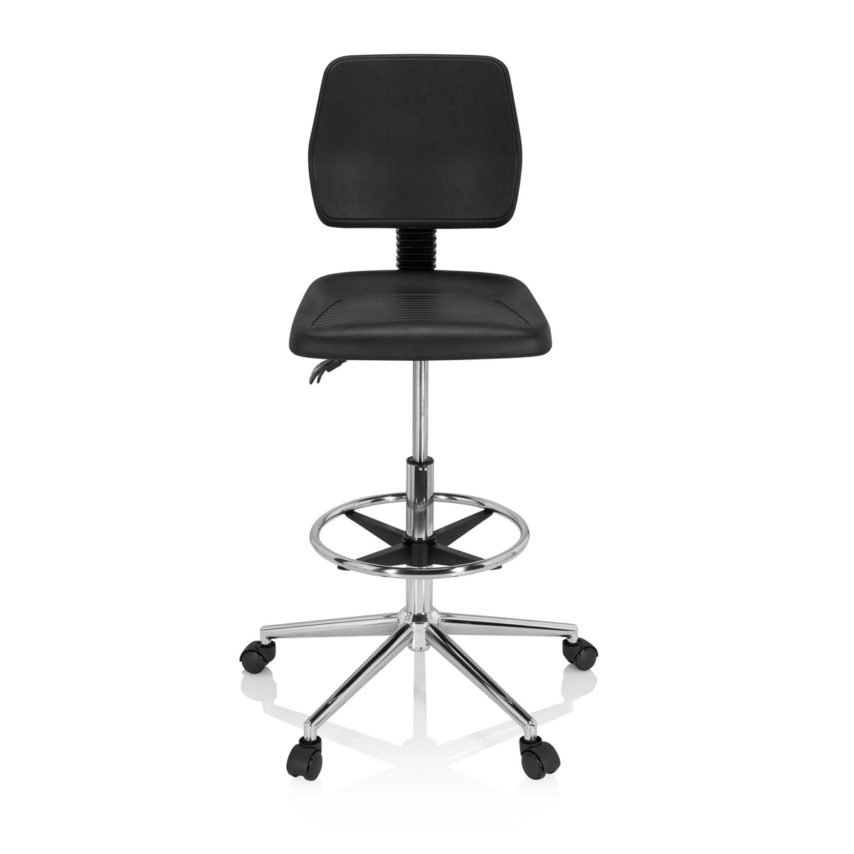Chaise de comptoir noire TOP WORK 11 I avec repose-pieds et base à cinq roulettes de hjh OFFICE – vue à 360° (vue de face 0°)