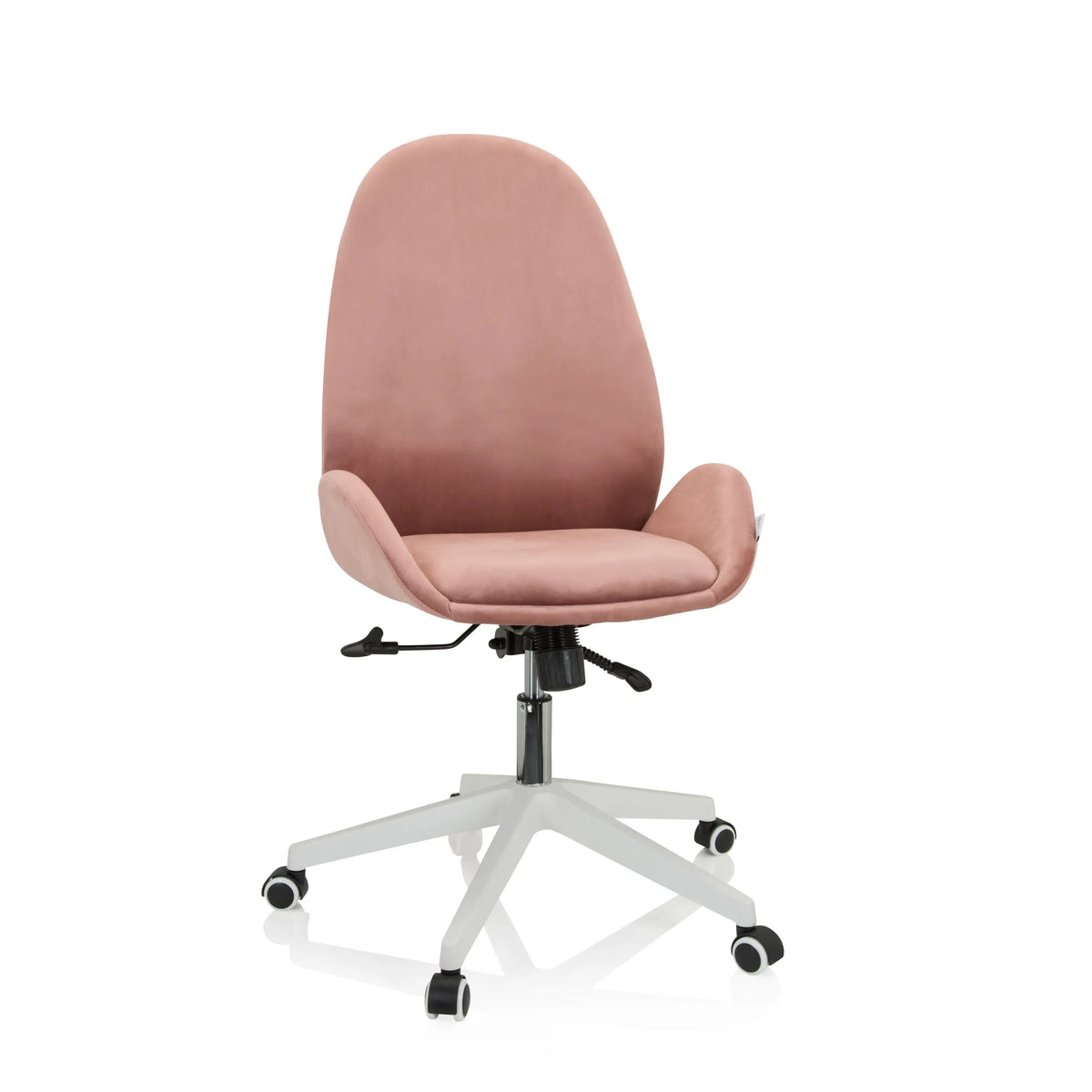 Siège de bureau à domicile AVEA rose avec accoudoirs et piètement blanc à cinq roulettes de hjh OFFICE – vue à 360° (vue de face 20°)