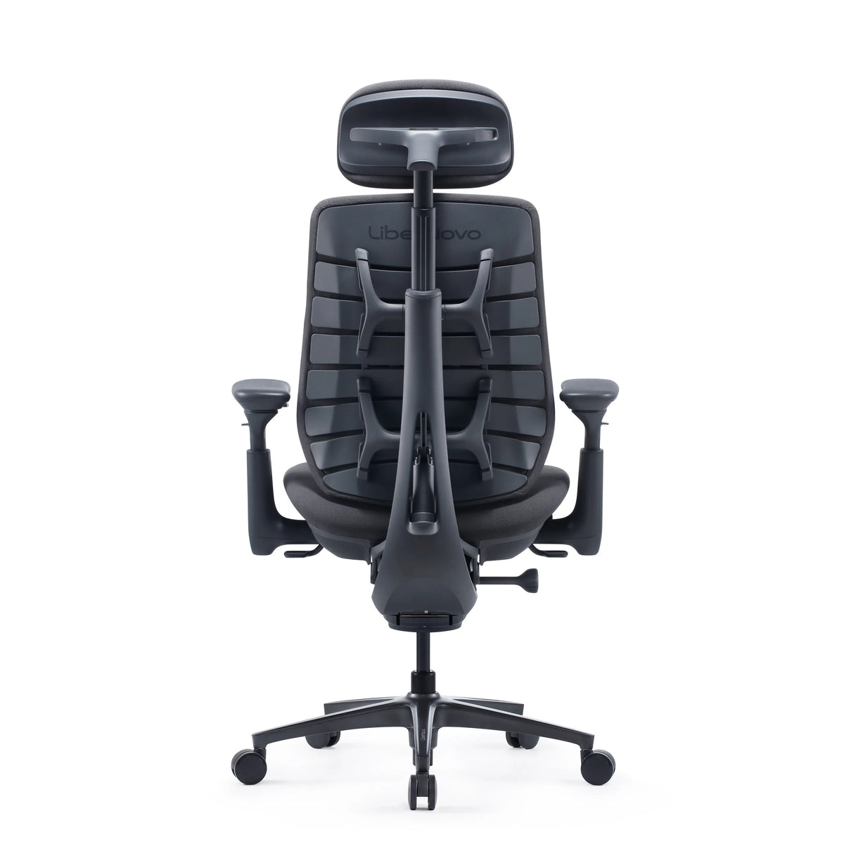 Vue arrière du siège de bureau LiberNovo Maxis Elektric en graphite avec appui-tête et cinq roulettes de Libernovo