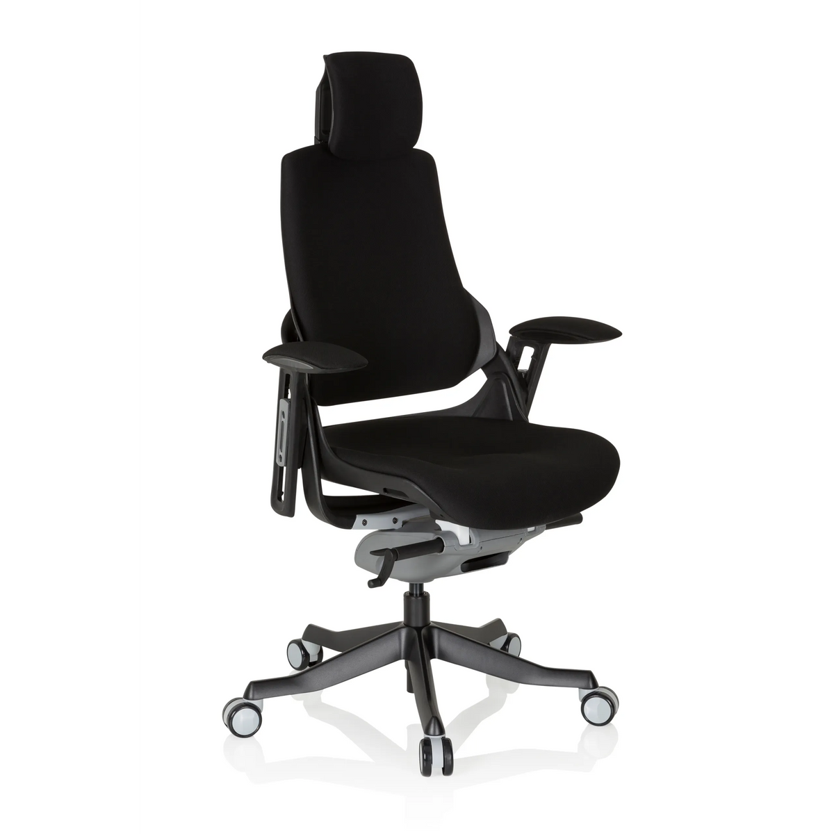 Siège de bureau de qualité professionnelle SPEKTRE BLACK noir avec appui-tête, accoudoirs et base à roulettes de hjh OFFICE – vue à 360° (vue de trois quarts avant 40°)