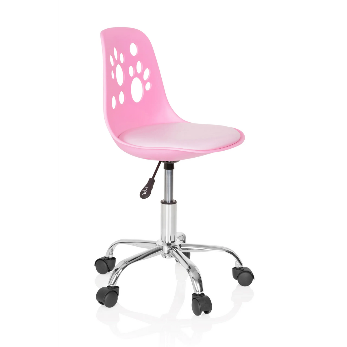 Chaise pivotante pour des enfants FANCY I rose avec motifs de pattes sur le dossier et base à cinq roulettes de hjh OFFICE – vue à 360° (vue de trois quarts avant 60°)