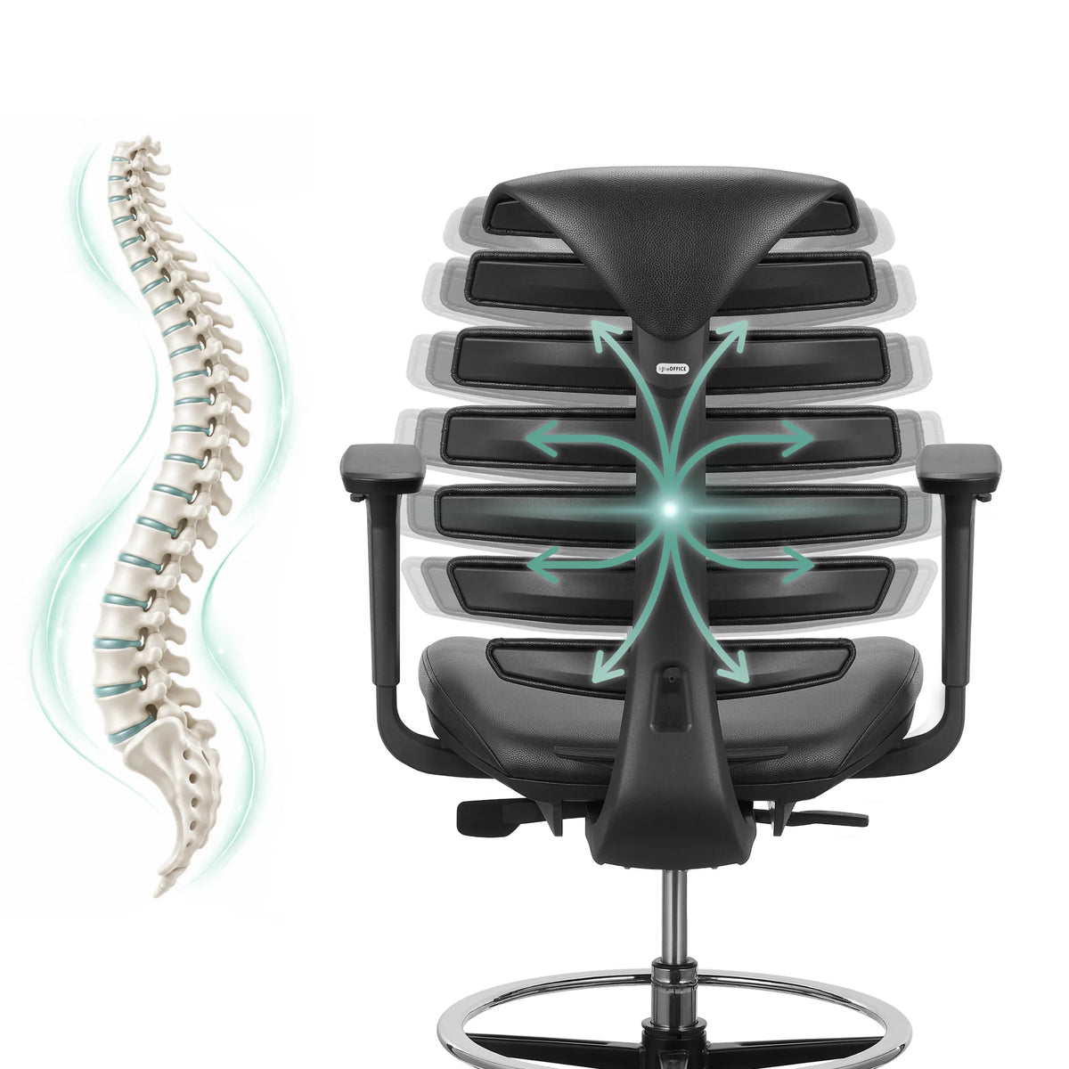 Dossier de la chaise de comptoir ERGO LINE II WORK en noir avec une représentation schématique de la colonne vertébrale de hjh OFFICE