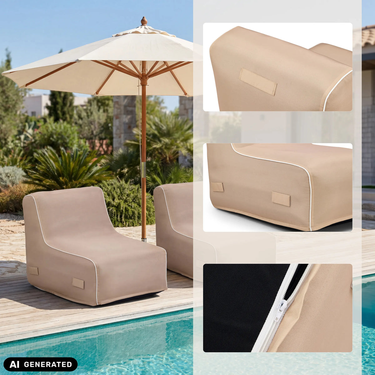 Canapé Gonflable Sitzolo Air beige avec détails des poignées et de la fermeture éclair de hjh LIVING (image générée par IA)