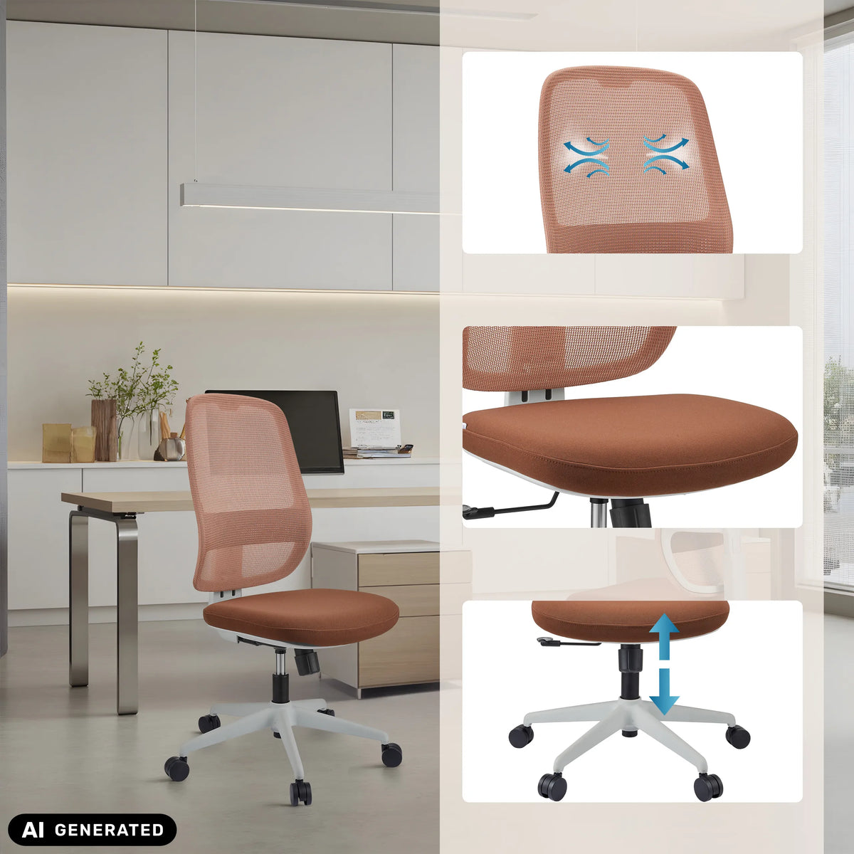 Siège de bureau professionnel Minoro W blanc-brun, détails du dossier et de la hauteur d'assise de hjh OFFICE (image générée par IA)