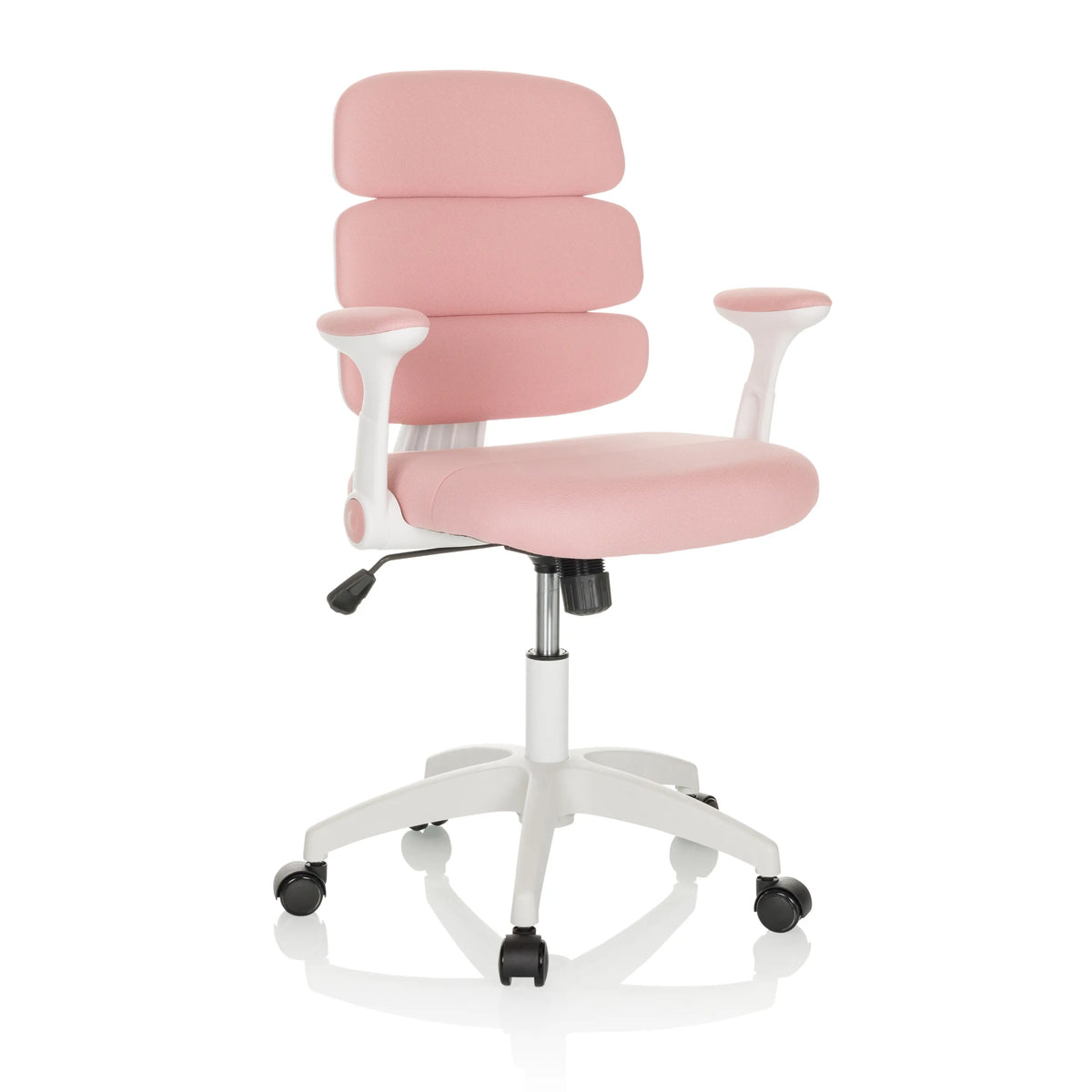 Chaise pivotante pour des enfants KID ERGOLINO W rose avec dossier segmenté et piètement blanc à cinq roulettes de hjh OFFICE – vue à 360° (vue de trois quarts avant 30°)