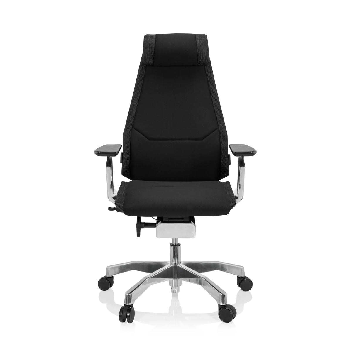 Siège de bureau haut de gamme GENIDIA PRO noir avec revêtement en tissu et piètement à cinq roulettes de hjh OFFICE – vue à 360° (vue de face 0°)