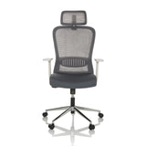 Siège de bureau à domicile BELAIA W gris avec dossier en maille, appuie-tête et base à cinq roulettes de hjh OFFICE – vue à 360° (vue de face 0°)