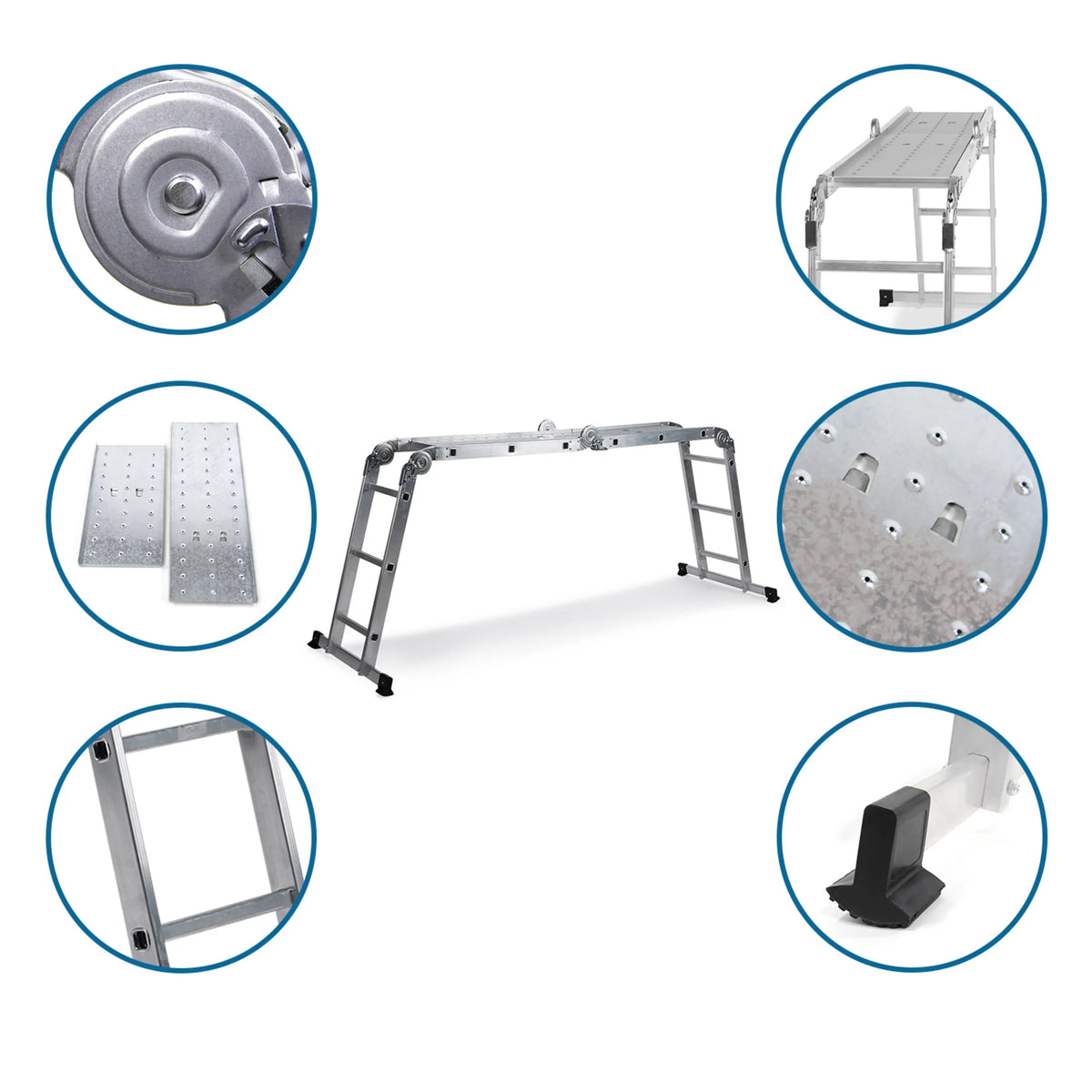 Échelle pliante en aluminium SOLID W3 avec vues détaillées des articulations, des marches antidérapantes et des pieds de hjh OFFICE