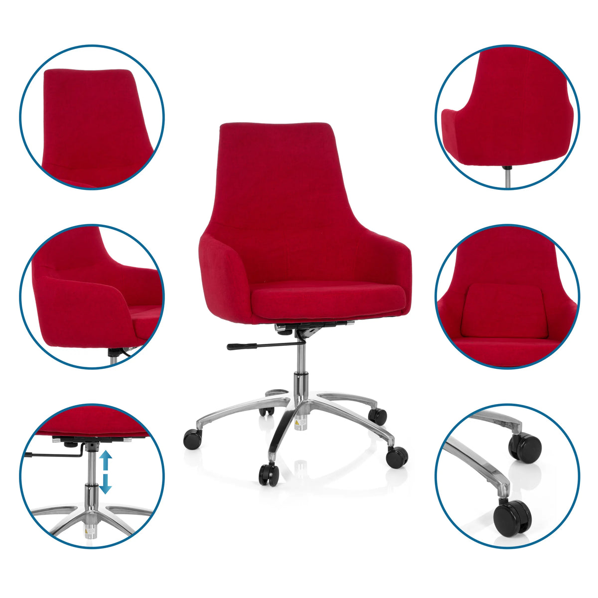 Siège de bureau à domicile rouge SHAKE 100 avec vues détaillées du rembourrage, du vérin à gaz et des doubles roulettes de hjh OFFICE