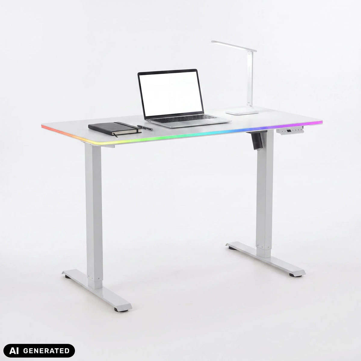 Bureau réglable en hauteur électriquement Worktime LED en blanc avec éclairage RGB et ordinateur portable de hjh OFFICE