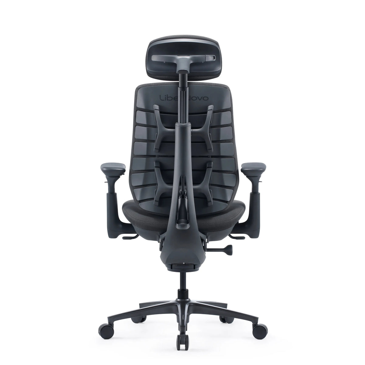 Vue arrière de la chaise de bureau LiberNovo Maxis Airflow en graphite avec dossier en maille et appuie-tête de Libernovo