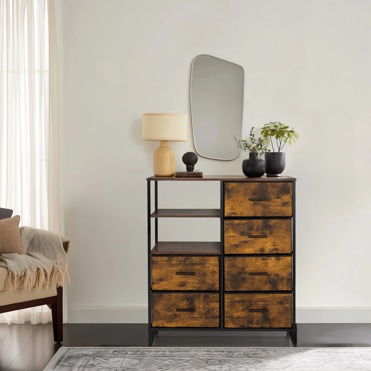 Commode RAGALA en chêne fumé avec six tiroirs et niches ouvertes de hjh LIVING