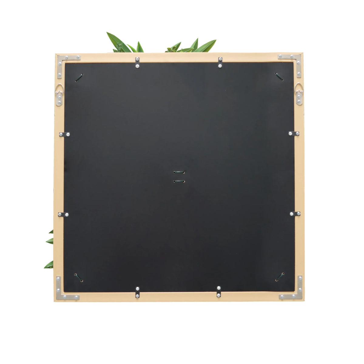 Rückseite der quadratischen Pflanzenmatte LEAFLUXE WALL 1 in Schwarz mit Metallbeschlägen von hjh LIVING