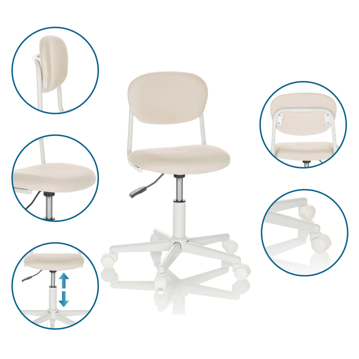 Chaise pivotante pour enfants KIDDY BASE I beige avec vues détaillées du vérin à gaz, des roulettes et du dossier de hjh OFFICE
