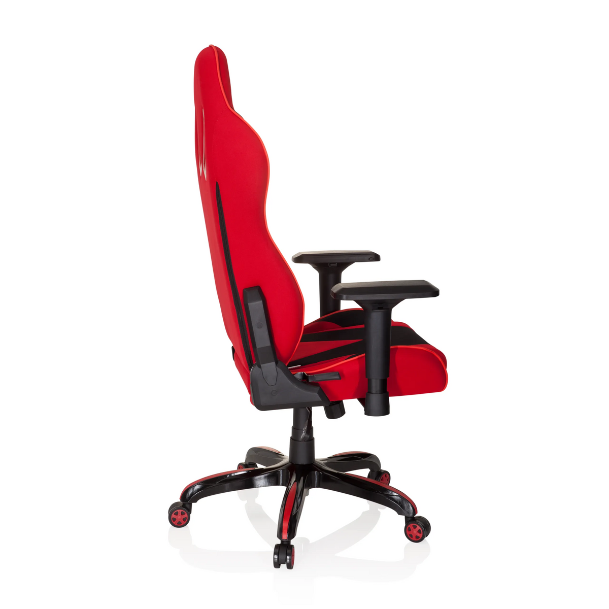 Fauteuil Gamer PROMOTER II rouge et noir avec accoudoirs et base à cinq roulettes de hjh OFFICE – vue à 360° (vue de profil 100°)