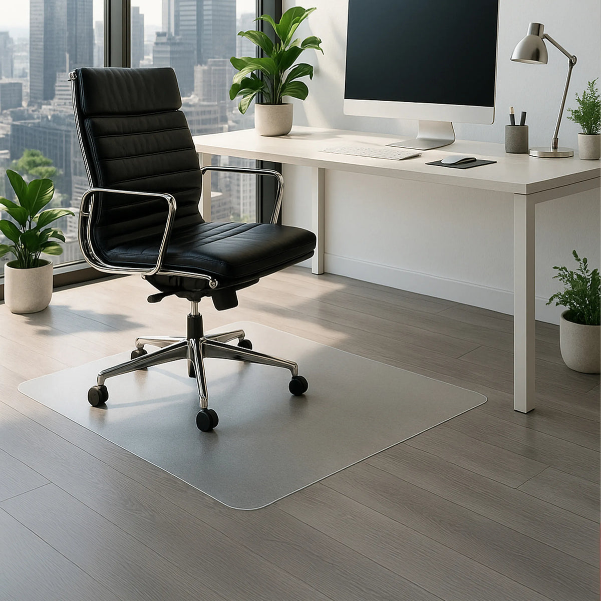 Tapis de sol FORTIFLEX blanc lait pour sols durs, 120 × 90 cm, sous une chaise de bureau de hjh OFFICE