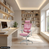 Siège de direction de luxe rose ERGOHUMAN SLIM G GEN2 avec dossier en maille dans un bureau lumineux de hjh OFFICE (image générée par IA)