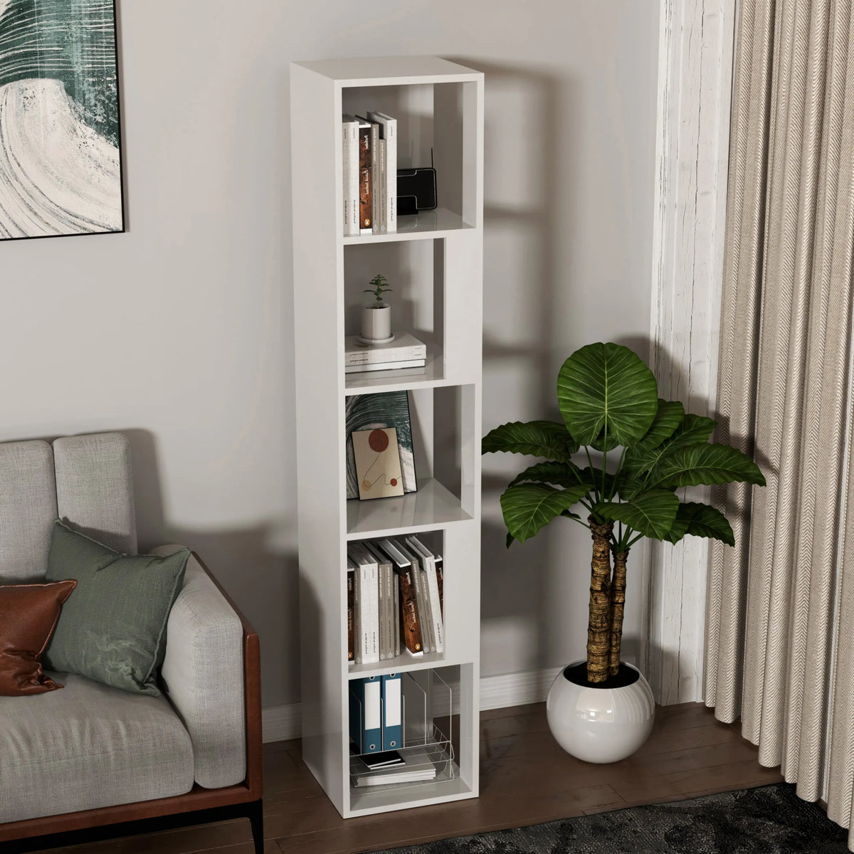 Étagère blanche KALAG S avec cinq niches ouvertes dans un salon de hjh LIVING