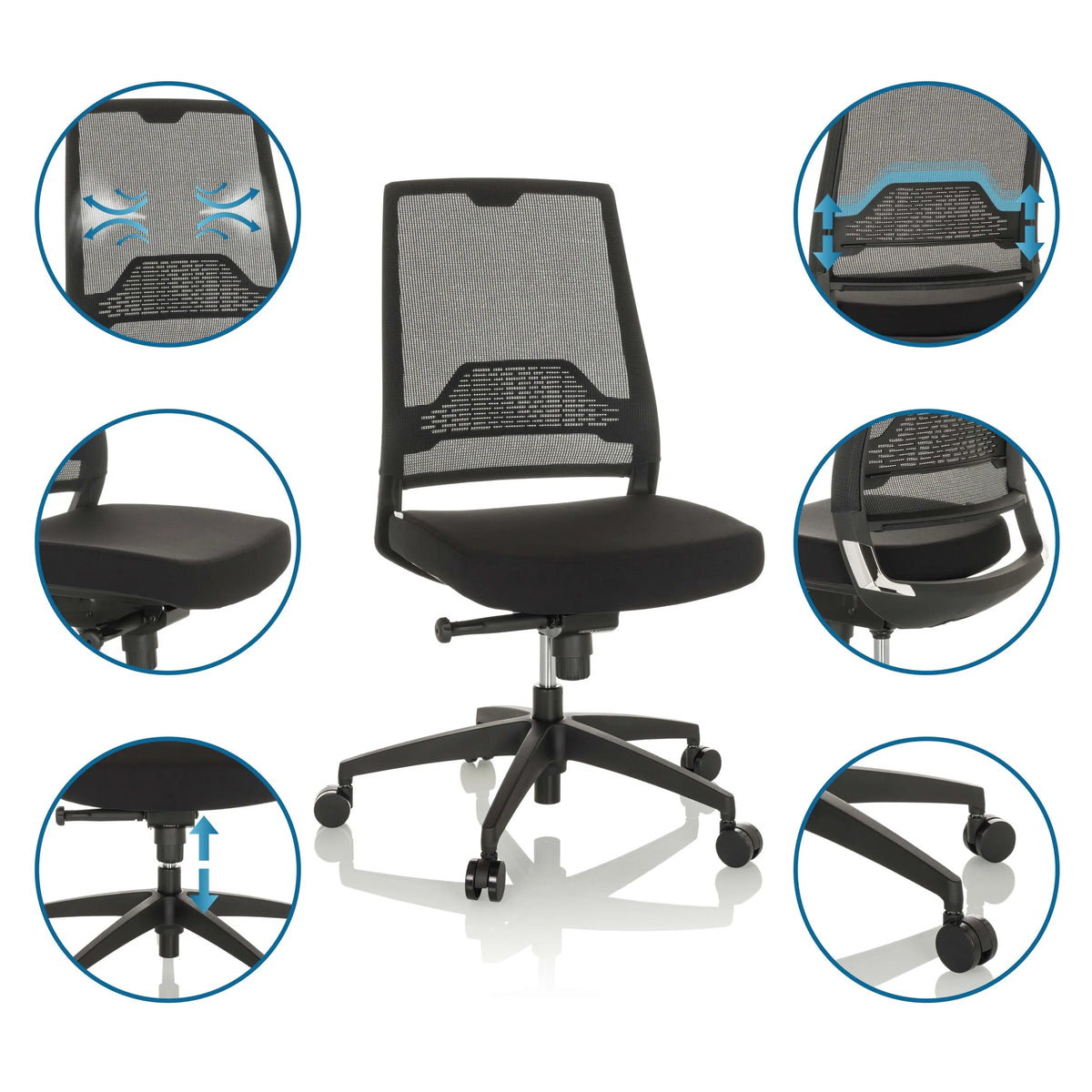 Siège de bureau de qualité professionnelle PORTO ECO I en noir avec dossier en maille, hauteur d'assise réglable et roulettes de hjh OFFICE