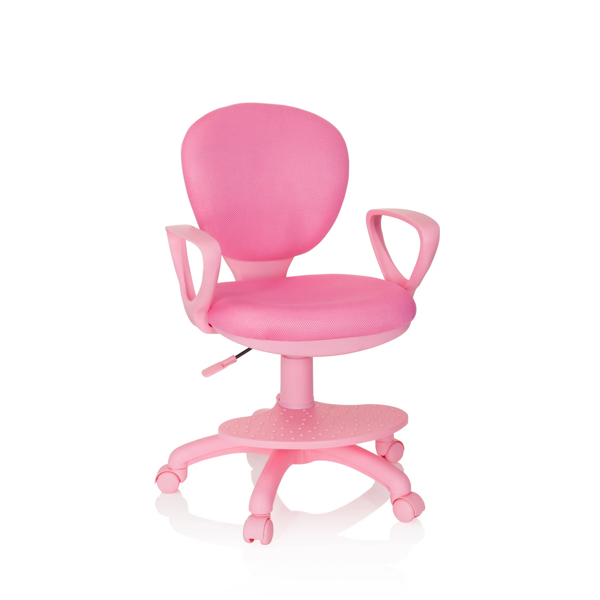 Chaise pivotante pour des enfants KID COLOUR rose avec accoudoirs et base à cinq roulettes de hjh OFFICE – vue à 360° (vue de face 20°)