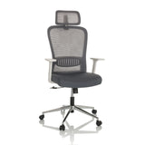 Siège de bureau à domicile BELAIA W gris avec dossier en maille, appuie-tête et base à cinq roulettes de hjh OFFICE – vue à 360° (vue de face 15°)