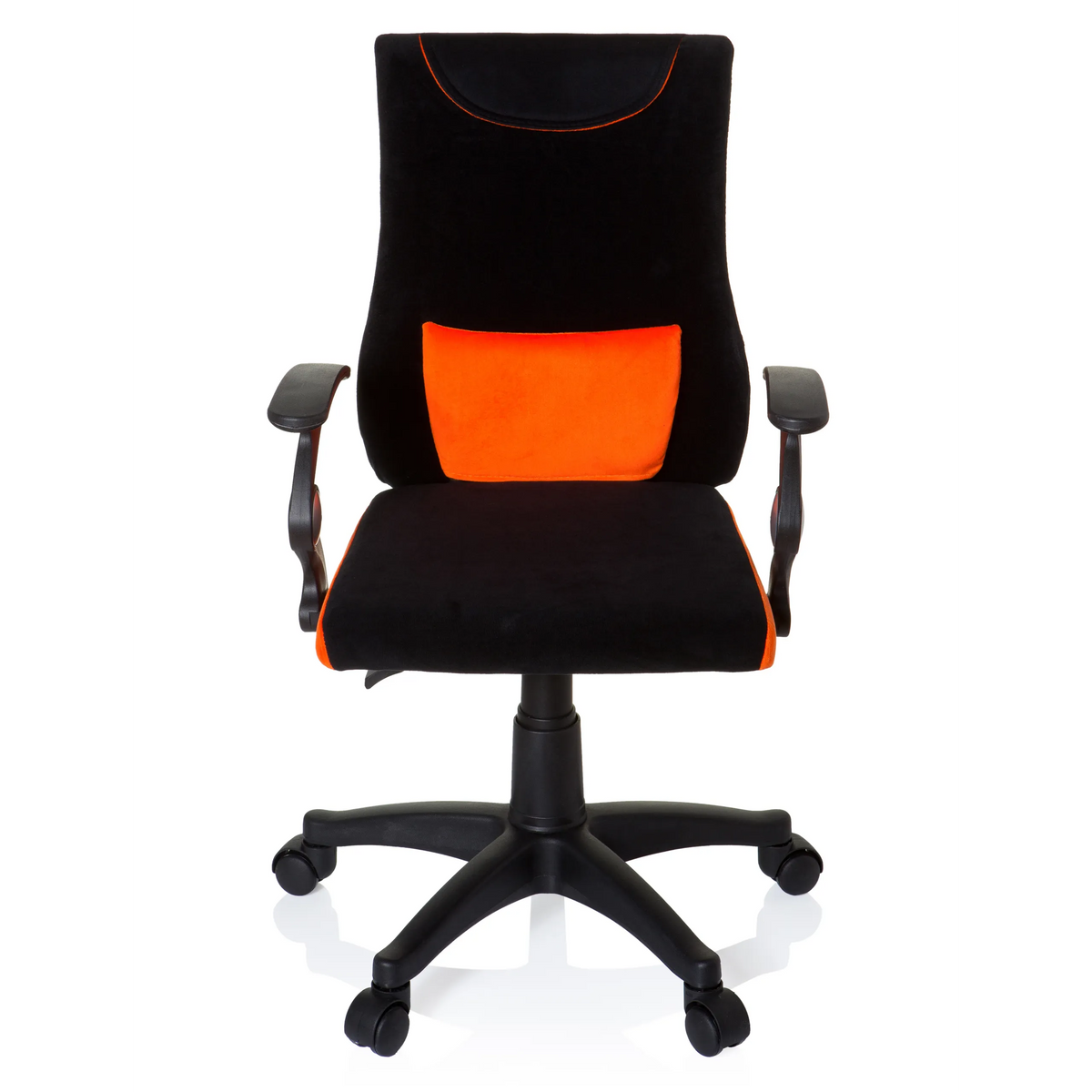 Chaise pivotante pour des enfants KIDDY PRO AL noir et orange avec coussin lombaire et base à cinq roulettes de hjh OFFICE – vue à 360° (vue de face 0°)