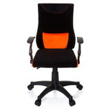 Chaise pivotante pour des enfants KIDDY PRO AL noir et orange avec coussin lombaire et base à cinq roulettes de hjh OFFICE – vue à 360° (vue de face 0°)