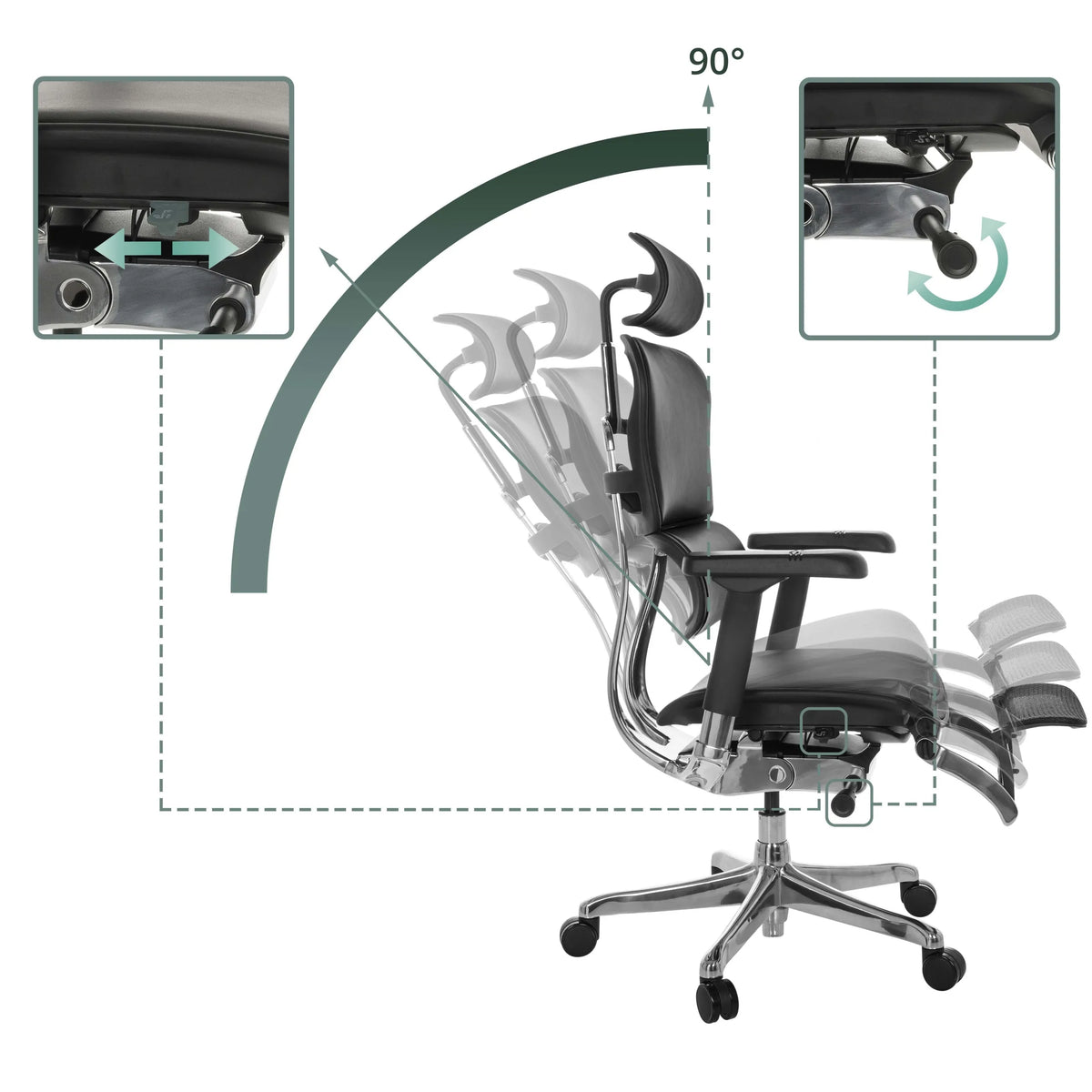 Réglage de l'inclinaison jusqu'à 90 degrés et repose-pieds extensible du siège de direction de luxe ERGOHUMAN PLUS LEGPRO GEN2 de hjh OFFICE