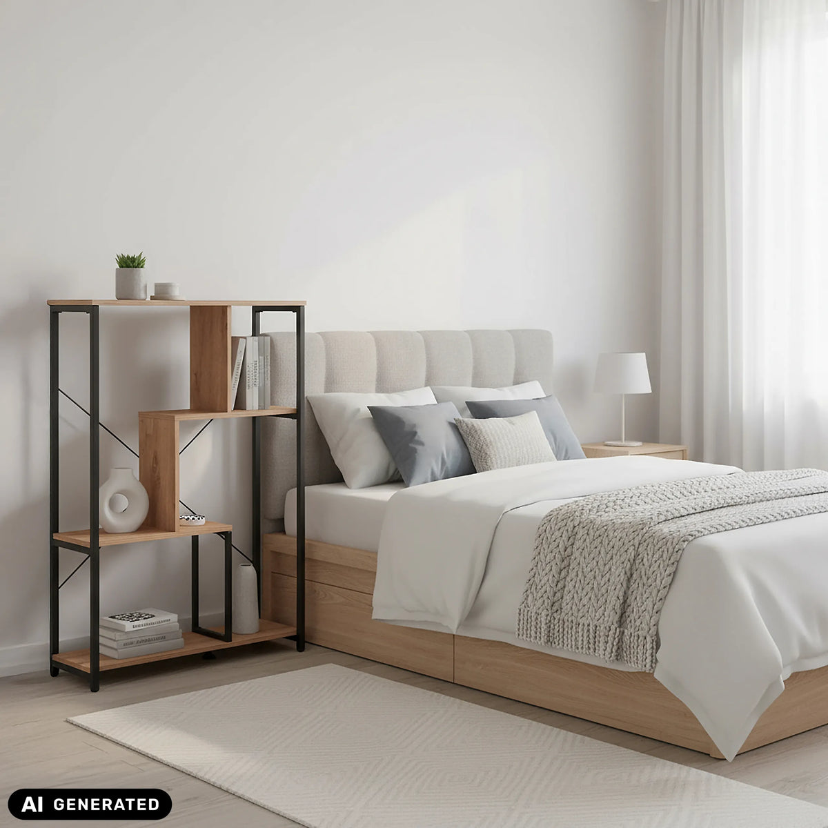 Regal Kalag Eco in Schwarz und Eiche neben einem Bett von hjh LIVING (KI-generiertes Bild)