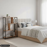 Regal Kalag Eco in Schwarz und Eiche neben einem Bett von hjh LIVING (KI-generiertes Bild)