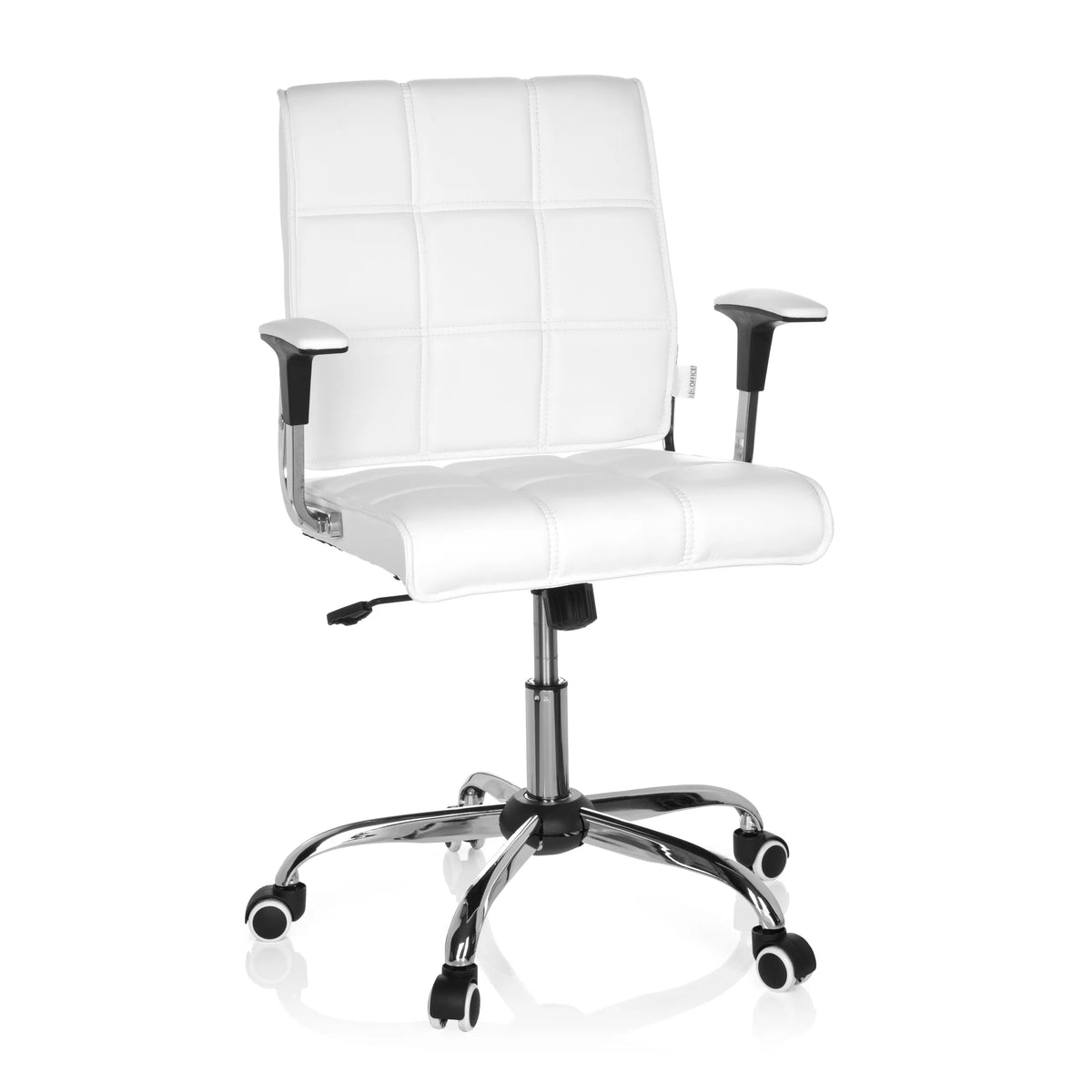 Siège de bureau à domicile ERNESTO blanc avec rembourrage capitonné et base à cinq roulettes de hjh OFFICE – vue à 360° (vue de face 20°)
