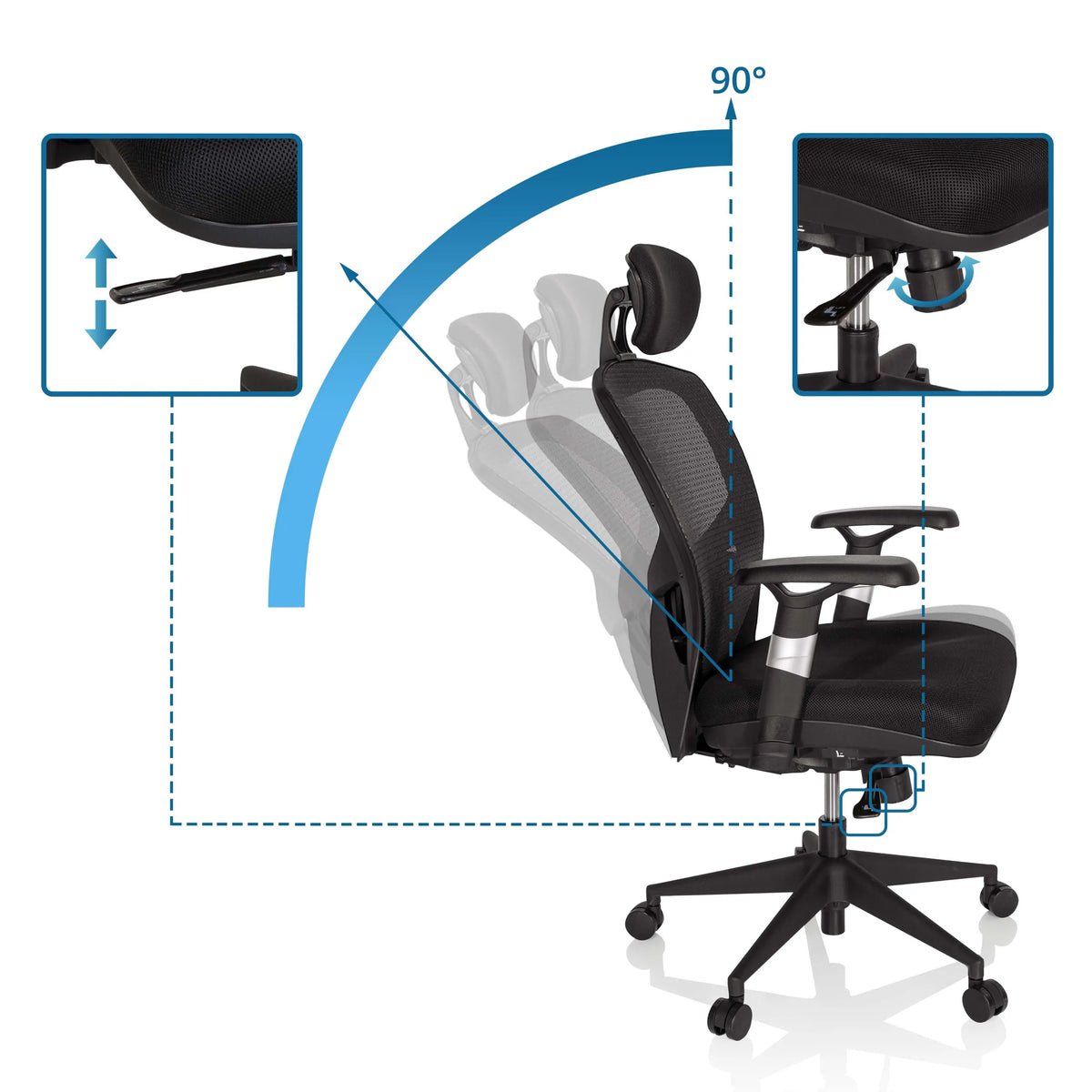 Dossier réglable avec angle de 90° du Siège de bureau haut de gamme VENUS BASE en noir de hjh OFFICE