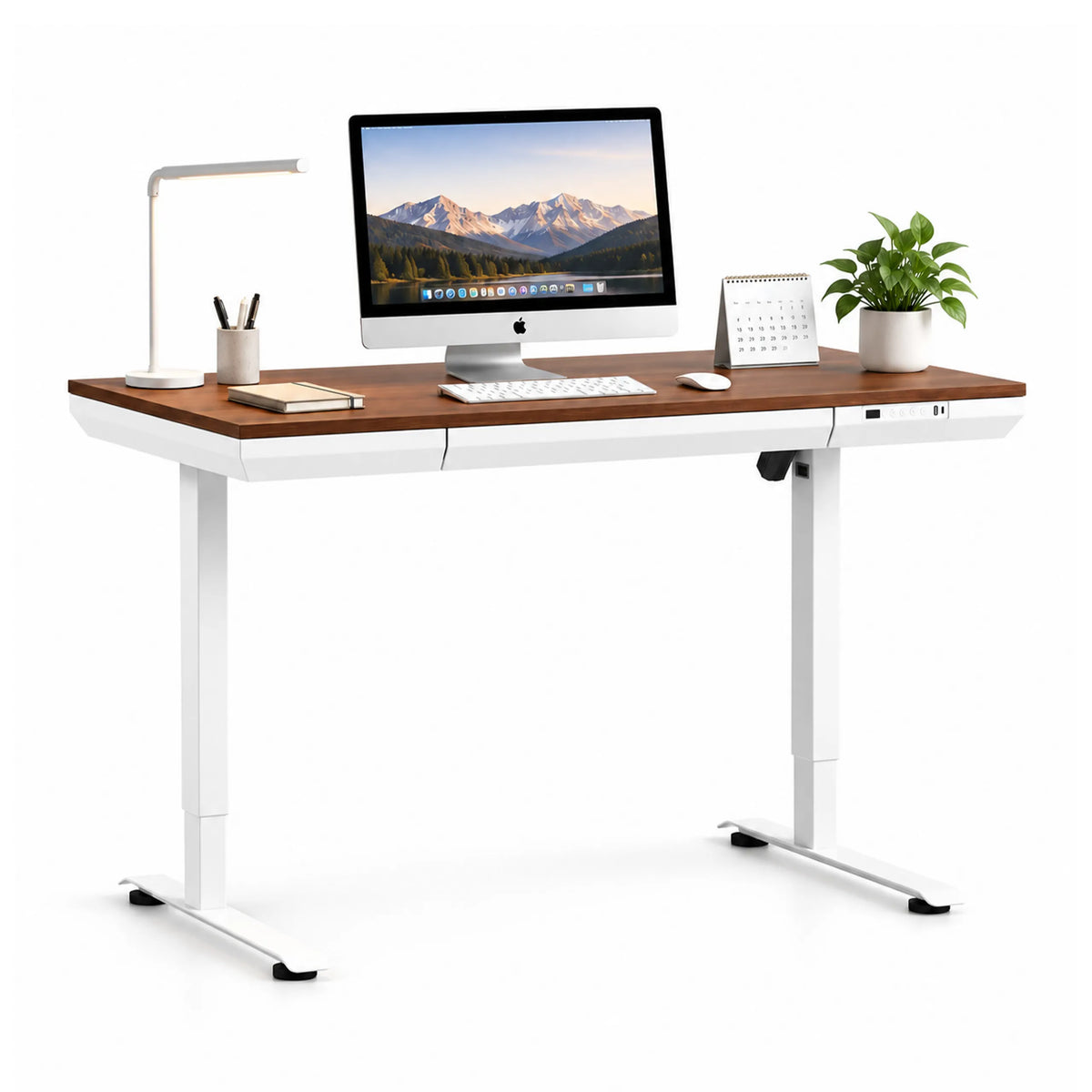 Bureau réglable en hauteur électriquement Worktime Plus en noyer et blanc avec piétement blanc de hjh OFFICE