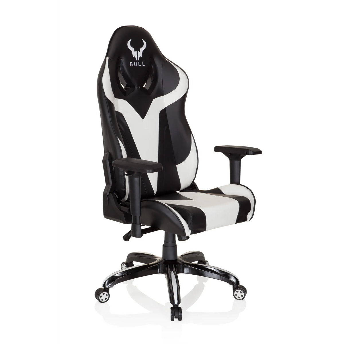 Fauteuil Gamer PROMOTER I noir et blanc avec accoudoirs et base à cinq roulettes de hjh OFFICE – vue à 360° (vue de trois quarts avant 40°)