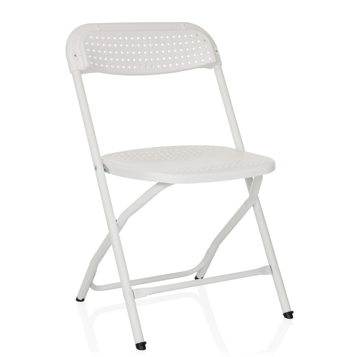 Chaise d'extérieur blanche TUDELA XXL PRO W avec assise et dossier perforés de hjh OFFICE – vue à 360° (vue de trois quarts avant 30°)