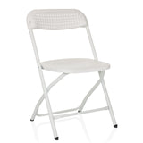 Chaise d'extérieur blanche TUDELA XXL PRO W avec assise et dossier perforés de hjh OFFICE – vue à 360° (vue de trois quarts avant 30°)
